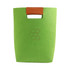 A green felt tote bag with a brown leather handle and a logo on the front.