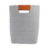 A grey felt tote bag with a brown handle, featuring a simple and modern design. It has a logo on one side.