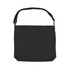A black canvas tote bag with a long strap, featuring a simple design and a branding logo.