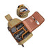 A waxed canvas camera sling bag in olive green, featuring a brown interior with compartments for camera gear and lenses.