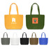 A collection of Canvas Zippered Tote Shoulder Bags in yellow, green, grey, white, black, and brown, featuring various logos.