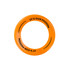 An orange flyer with a circular shape featuring a logo and text around the edge.
