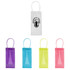 A PVC clear tote bag in white, purple, blue, yellow, and pink, with a logo on the white bag.