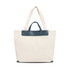 A cream canvas bag featuring a navy leather handle and straps, with a simple design and a logo present.