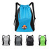 A sports drawstring backpack in blue with black accents, featuring a logo and options in grey, black, and green.