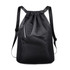 A black sports drawstring backpack with mesh sides and a sleek design, featuring adjustable straps and a logo.