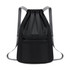 A black drawstring backpack with grey straps and a front pocket, featuring a simple design and a logo.