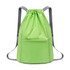 A green bucket drawstring backpack with adjustable grey straps and a front pocket. It features a simple, modern design.