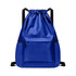 A blue multi-pocket drawstring backpack with a front zip pocket and black straps. It has a textured surface.