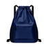 A navy blue multi-pocket drawstring backpack with adjustable straps and a front zippered pocket.