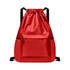 A red multi-pocket drawstring backpack with a front zip pocket and black straps. It has a simple design and a logo.