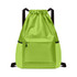 A bright green multi-pocket drawstring backpack featuring a front pocket and a black trim.