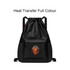 A black drawstring backpack with a front pocket and a circular basketball logo. Features adjustable straps.
