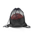 A black drawstring mesh backpack containing a basketball, featuring a logo on the side.