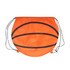 An orange ball-shaped drawstring backpack with black lines, featuring a logo.