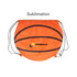 An orange ball-shaped drawstring backpack featuring black basketball lines and a logo at the centre.