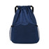 A navy drawstring backpack featuring mesh side pockets and shoulder straps, with a simplistic design.