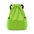 A bright lime green drawstring backpack with mesh side pockets and black straps. It features a logo.