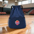 A navy drawstring backpack with mesh side pockets and a basketball logo. Set in a gymnasium with hardwood flooring.