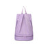 A purple backpack with a handle and zippers, featuring a wet and dry separation compartment and a logo.