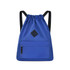 A blue lightweight drawstring backpack with black straps and a front zip pocket. It features a small logo.
