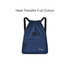 A lightweight drawstring backpack in navy blue featuring a front zip pocket and a logo.