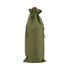 A green drawstring bag designed for holding a wine bottle, featuring a textured finish and closure.