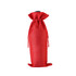 A red drawstring bag made from burlap material, suitable for holding wine bottles. Features a logo.