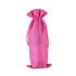 A pink drawstring bag designed for holding wine bottles, featuring a gathered top and a logo.
