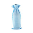 A light blue drawstring bag made of fabric, designed to hold a wine bottle. It has a logo.
