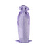 A purple drawstring bag designed for holding a wine bottle, featuring a textured fabric and a tied closure.