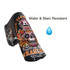 A custom blade putter cover in black with colourful skull designs, featuring water and stain resistant material.