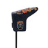 A navy custom blade putter cover with vibrant embroidered designs and a logo on the side.