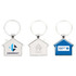 A collection of three metal house-shaped keyrings in silver and blue, featuring different branding designs.