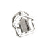 A silver metal keyring shaped like a house, featuring a central house design and a branding logo.