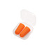 A pair of orange ear plugs in a transparent case, neatly positioned together.