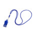 A blue plastic whistle attached to a braided lanyard, featuring a metal clip for fastening.
