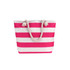 A pink and white striped tote bag featuring a rope handle. The bag has a simple, stylish design.