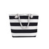 A tote bag with black and white stripes and a rope handle. It features a simple, stylish design.