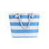 A tote bag with blue and white stripes, featuring a rope handle and tassels. It has a simple logo on the side.