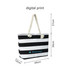 A striped tote bag in black and white with a rope handle and a logo. Dimensions: 44cm wide, 34cm high.