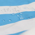 A close-up of a blue and white striped fabric with water droplets on its surface, featuring a logo.