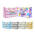 A variety of beach bags in pink, floral, grey, green, and yellow, featuring rope handles and different striped designs.