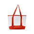 A transparent handbag with red straps and a red base, featuring a spacious design.