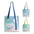 A PVC waterproof tote bag in blue and green, featuring a glossy, iridescent finish and carrying handles.