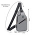 A grey sling chest bag with an adjustable strap, featuring a zip pocket and a logo. Dimensions included.