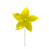 A five-leaf pinwheel in bright yellow, mounted on a white stick, features a smooth, shiny finish.