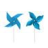 Two blue four-leaf pinwheels on white sticks, featuring a simple design with a central fastening.