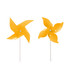 A yellow four-leaf pinwheel with a white stick, featuring two designs in a playful, vibrant style.