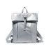 A tarpaulin roll top backpack in a sleek silver colour with adjustable straps and a front pocket.